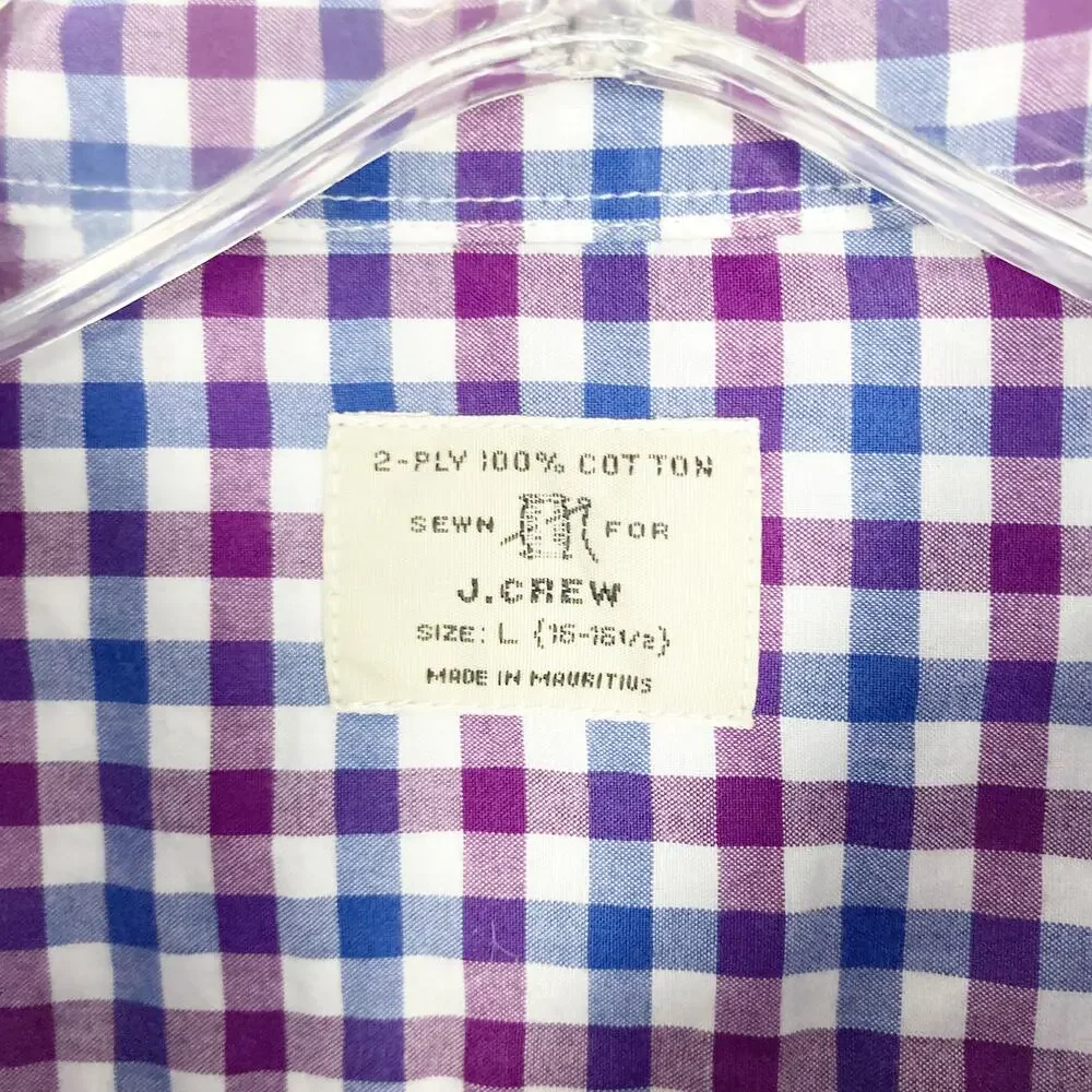 J. Crew Purple Blue White Plaid Long Sleeve Button Down Sz L